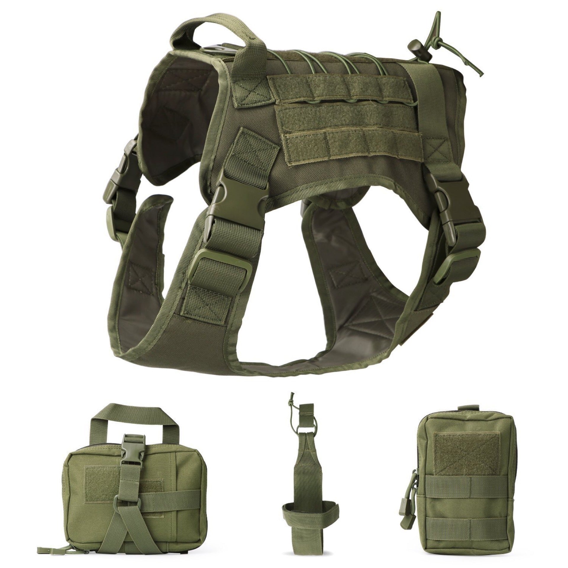 Olive tactical dog harness with MOLLE-style paneling, padded chest, and adjustable straps