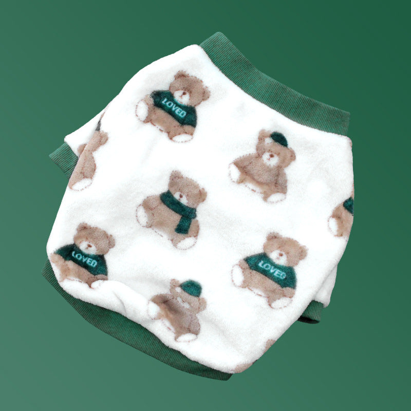 Folded fleece dog pajamas in white with brown bear prints and green cuffs
