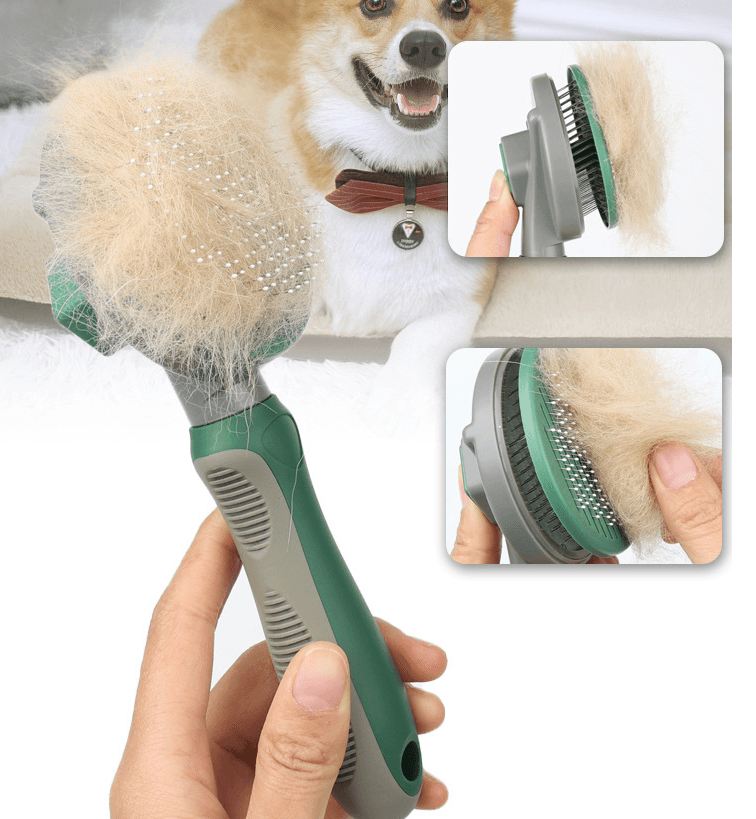 Handheld green hair removal comb brushing a dog’s fur, close-up of needle head