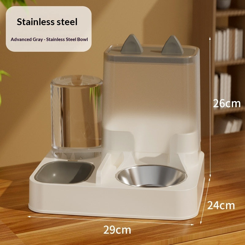 Automatic cat feeder and water dispenser combo bowl with stainless steel bowls and gray lid