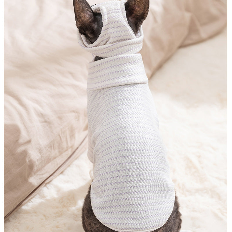 White two-legged pet shirt hanging view with hood opening and textured knit