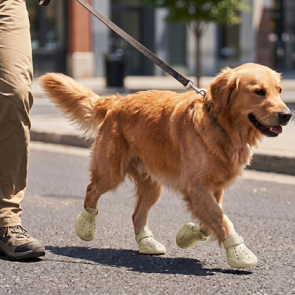 Light beige dog clog booties with perforations and hook-and-loop strap, worn outdoors.