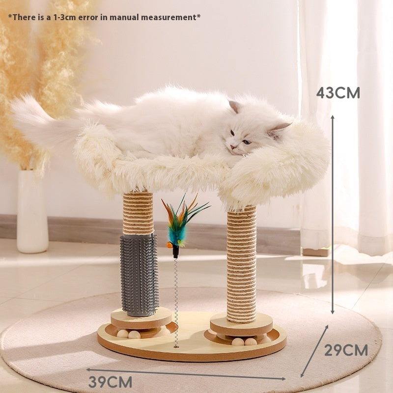 Double-layer cat turntable scratch toy with two sisal posts and dangling feather ball