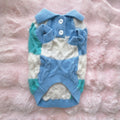 Pet plaid polo-collar cardigan sweater in sky blue, white, and green knit pattern
