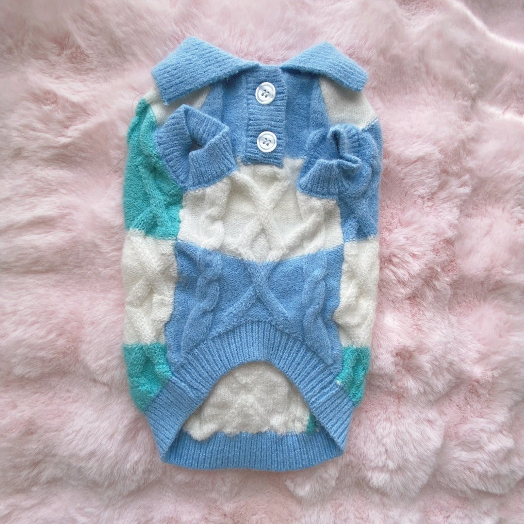 Pet plaid polo-collar cardigan sweater in sky blue, white, and green knit pattern