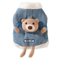 Blue denim dog vest with bear face pocket and plush white fur collar