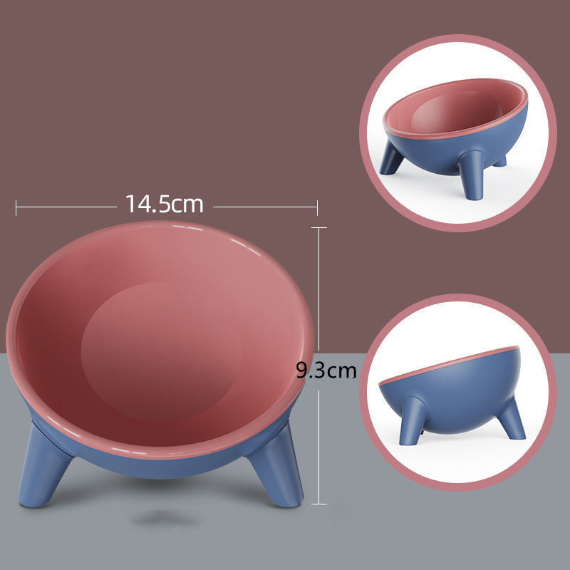 Rose red pet feeding bowl with blue legs and pink inner bowl