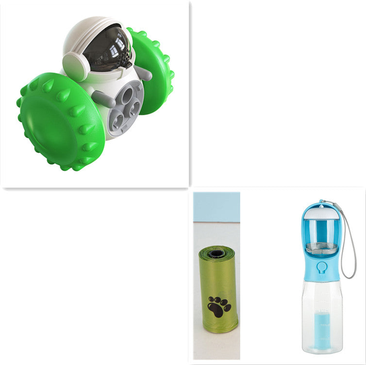 Interactive pet feeding balance car toy with green spiked rollers and clear cockpit window