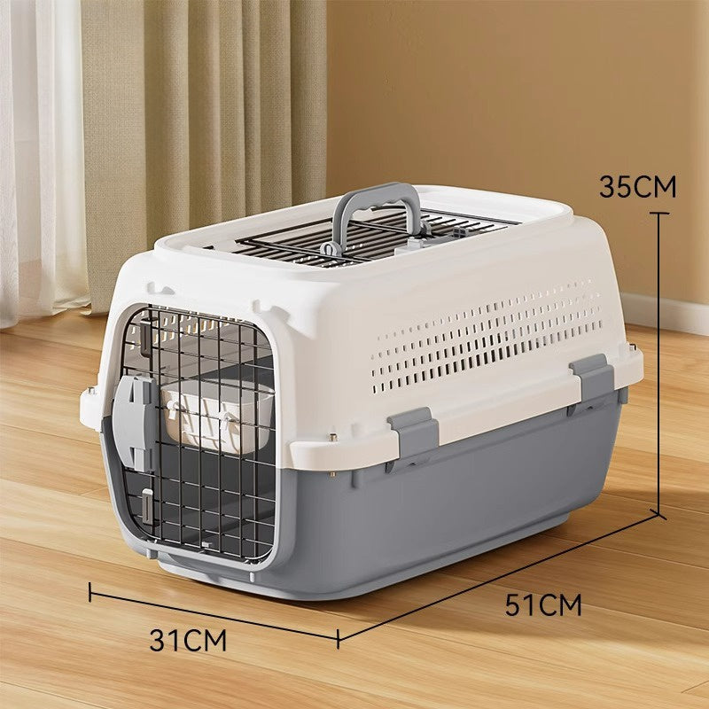 Hard-sided pet carrier with front wire door, white lid, gray base, and top handle