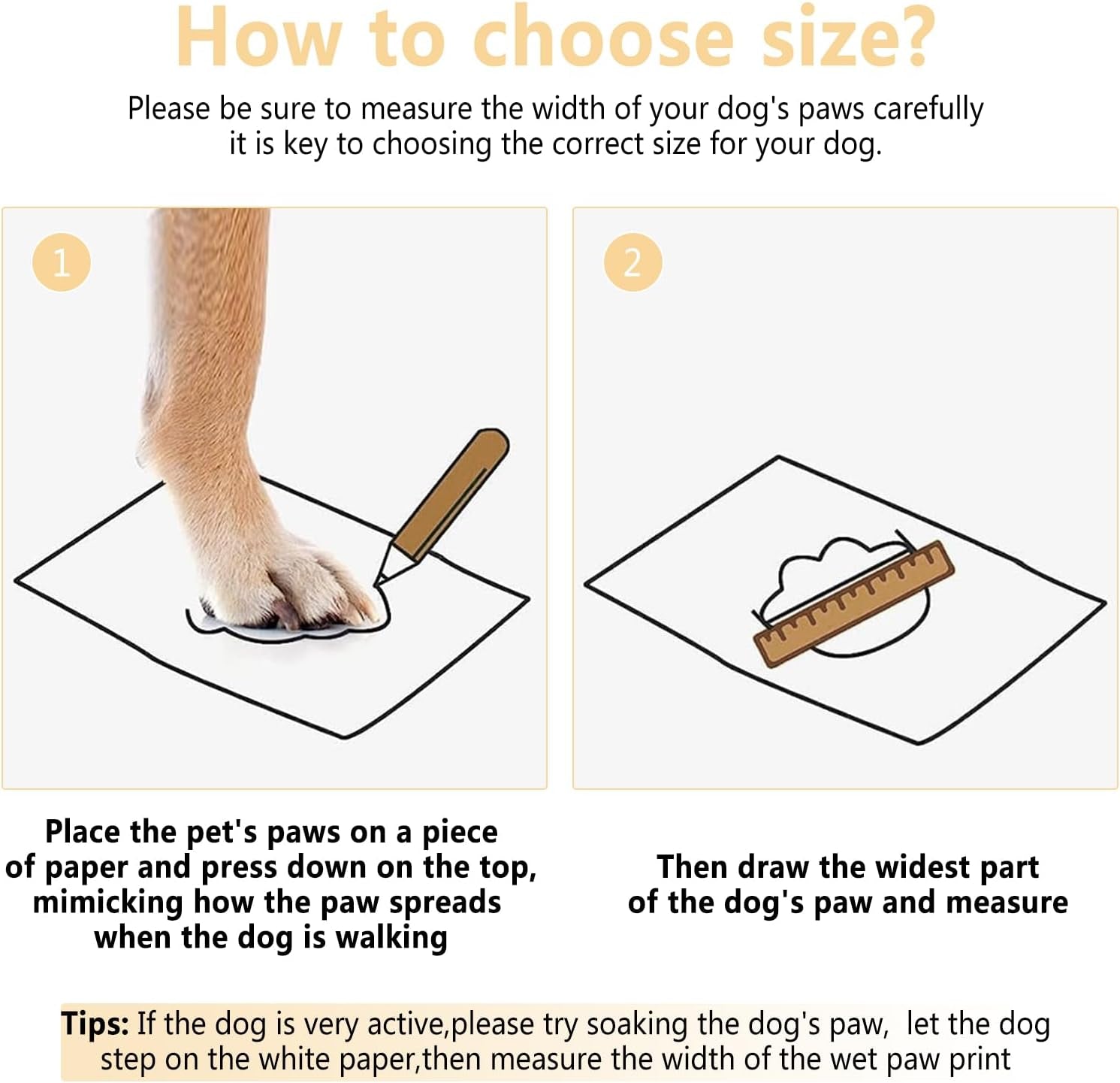 Dog paw size measuring guide showing boot fit template and width step