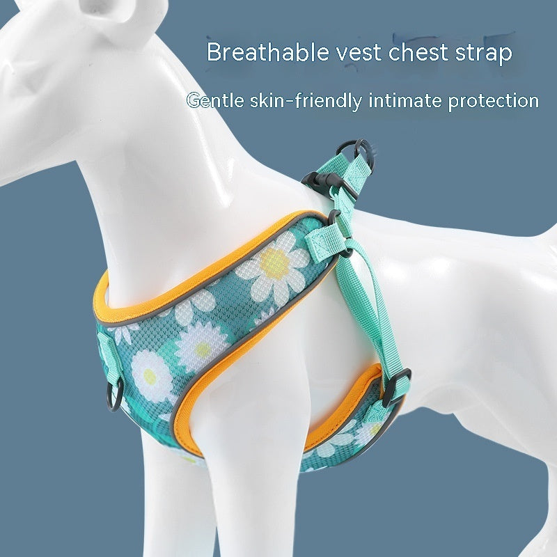 Teal dog vest harness chest strap with orange trim and daisy fabric panel