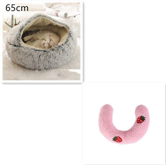 65cm round grey plush pet bed nest with pink U-shaped bolster pillow