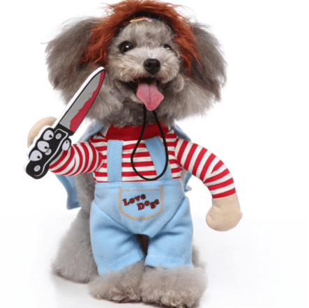 Blue overalls dog costume with red-striped shirt and sword prop