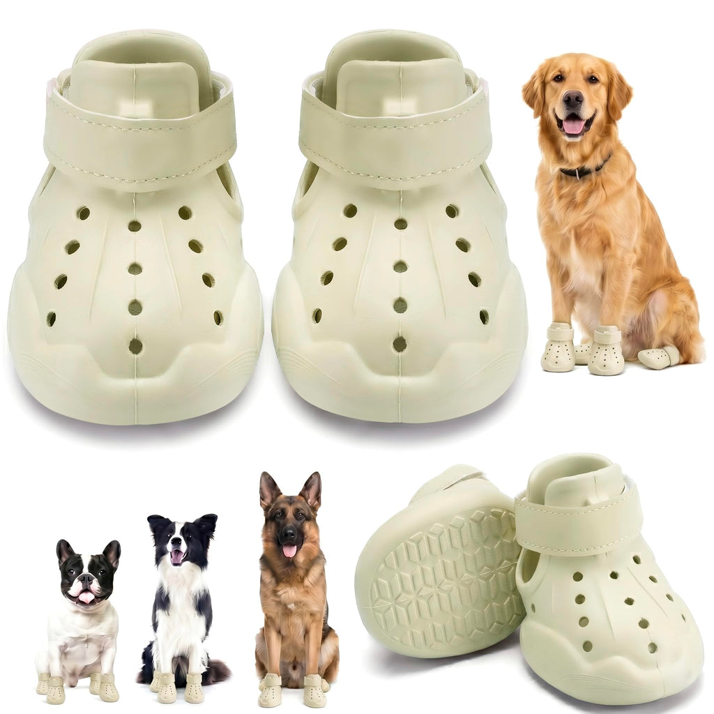 Light beige dog clog booties with perforated sides and hook-and-loop strap, paired view.