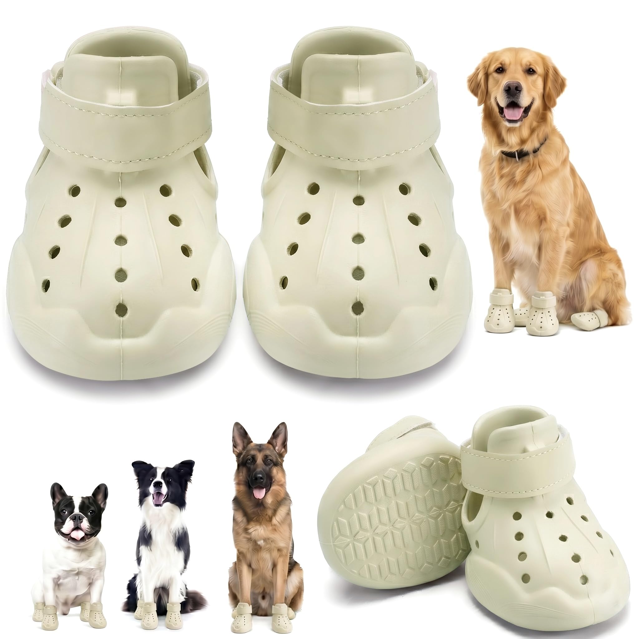 Light beige dog clog booties with perforated sides and hook-and-loop strap, paired view.