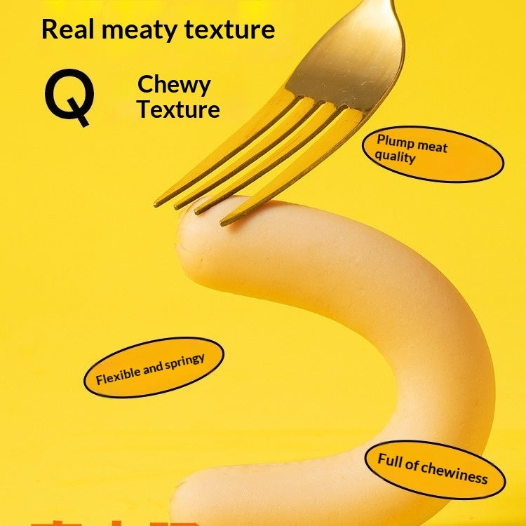 Light beige pet sausage treat stick held by chopsticks