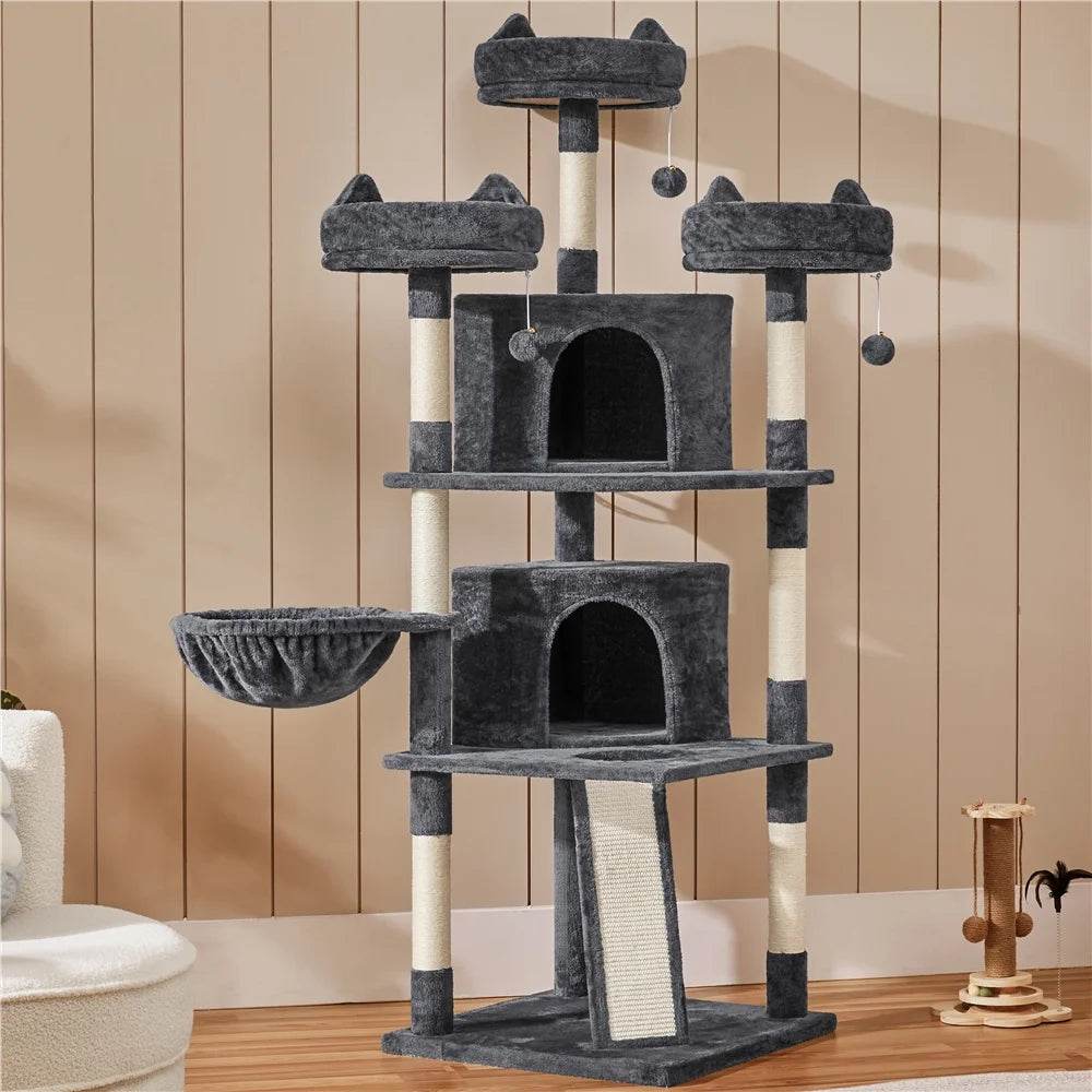 Dark gray cat tree tower with top and mid perches, two condos, and dangling balls