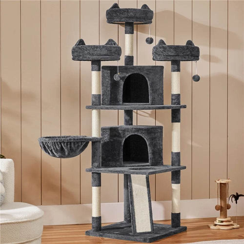 Dark gray cat tree tower with three top perches, two enclosed condos, and a lower base