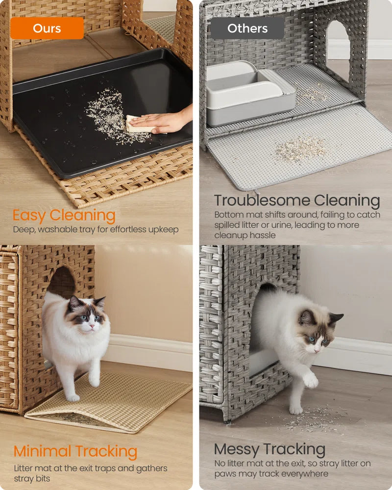 Hidden cat litter box showing easy-clean removable washable tray and secure bottom mat