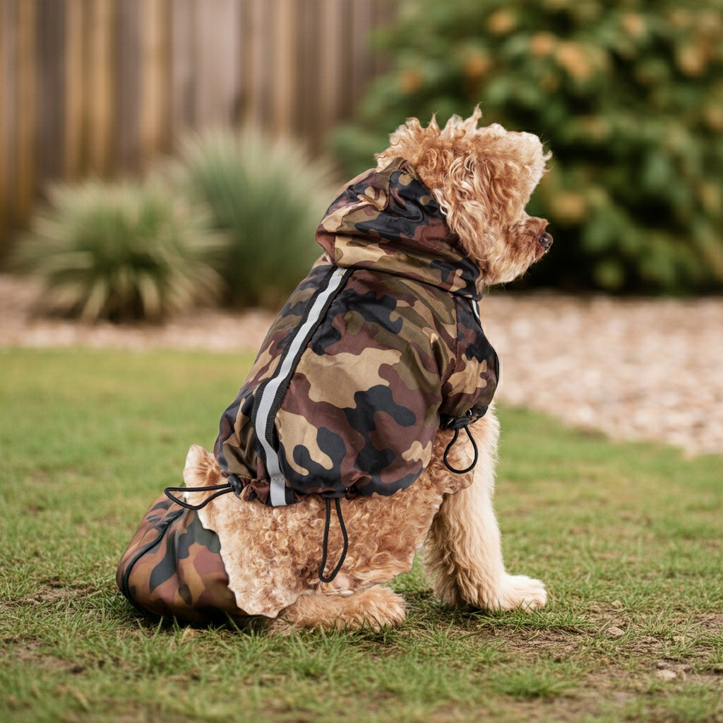 Camouflage dog raincoat with hood, reflective trim, and adjustable leg straps