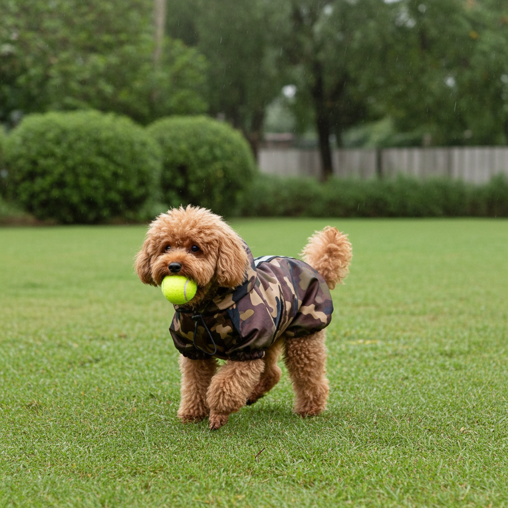 Camouflage hooded dog raincoat with reflective stripe, worn on small dog