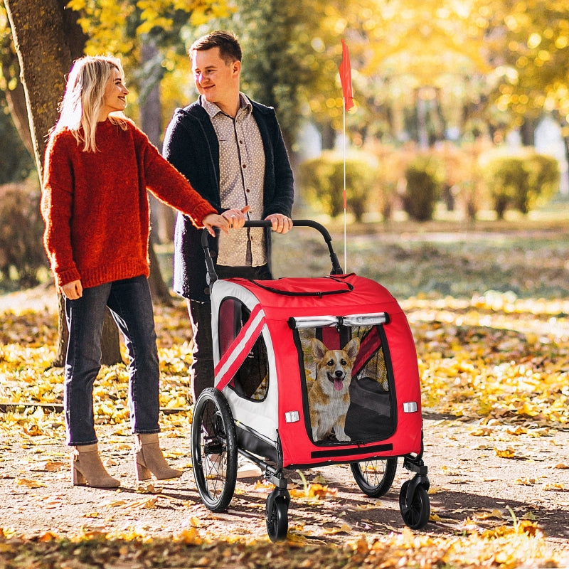 Red pet bike trailer stroller with enclosed window and four wheels