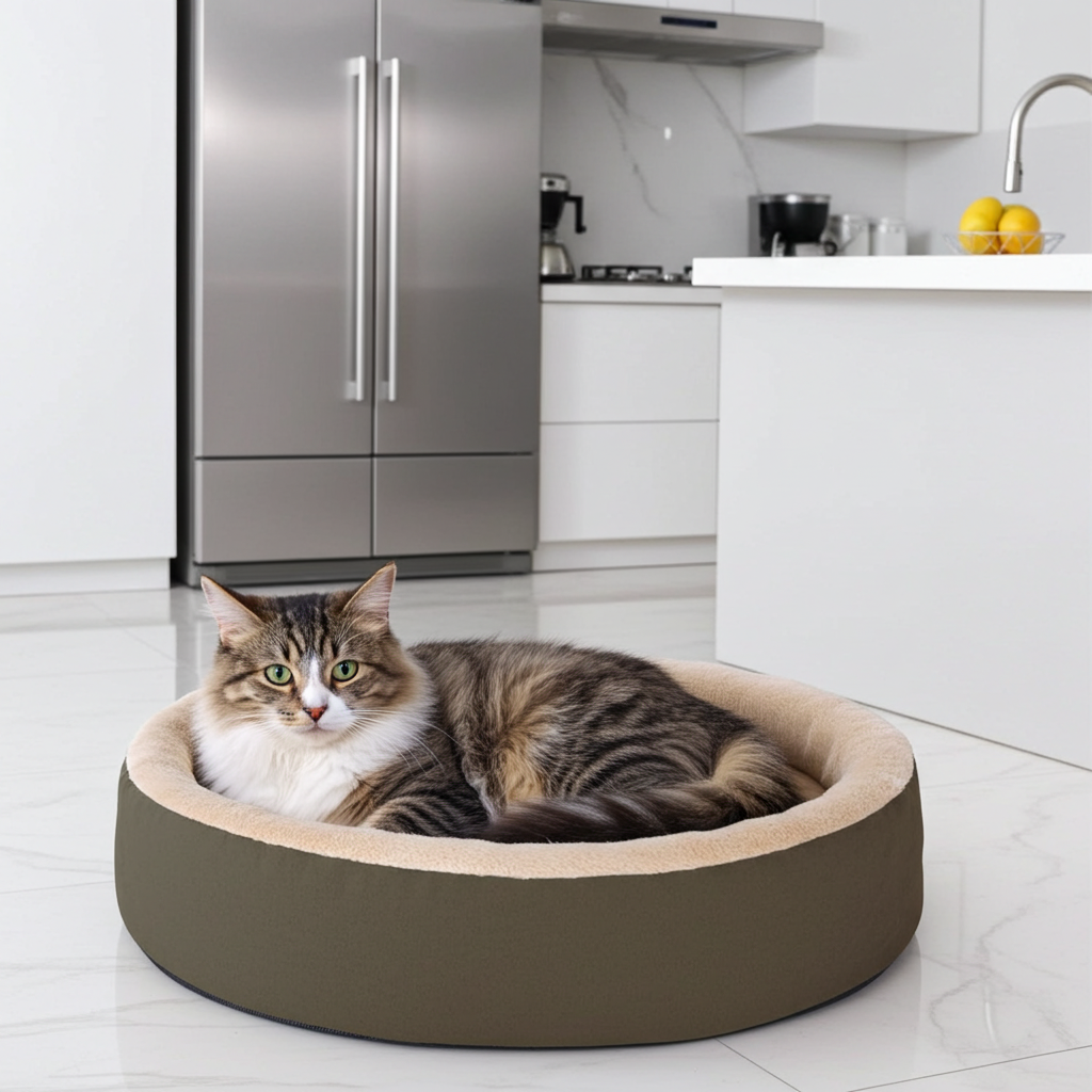 Heated cat bed, brown oval with beige rim; tabby-and-white cat resting inside
