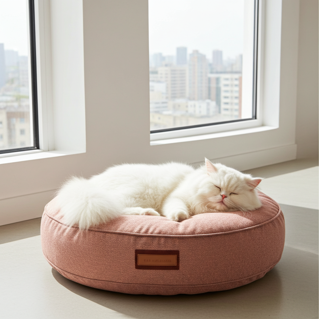 Blush round dog bed with sleeping white cat on top, front label patch