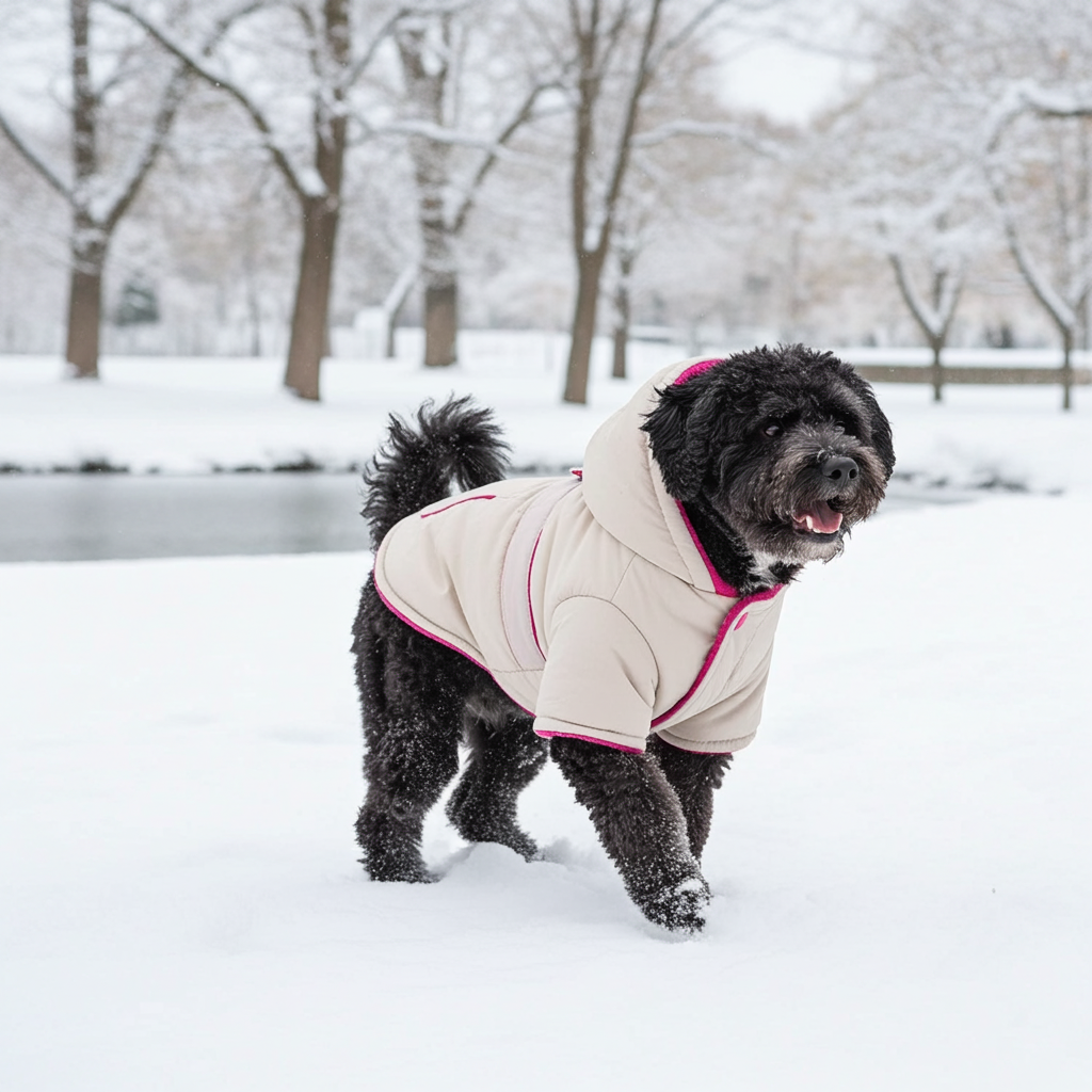 Insulated pet dog jacket with cream body and pink trim, quilted outer, hoodless design
