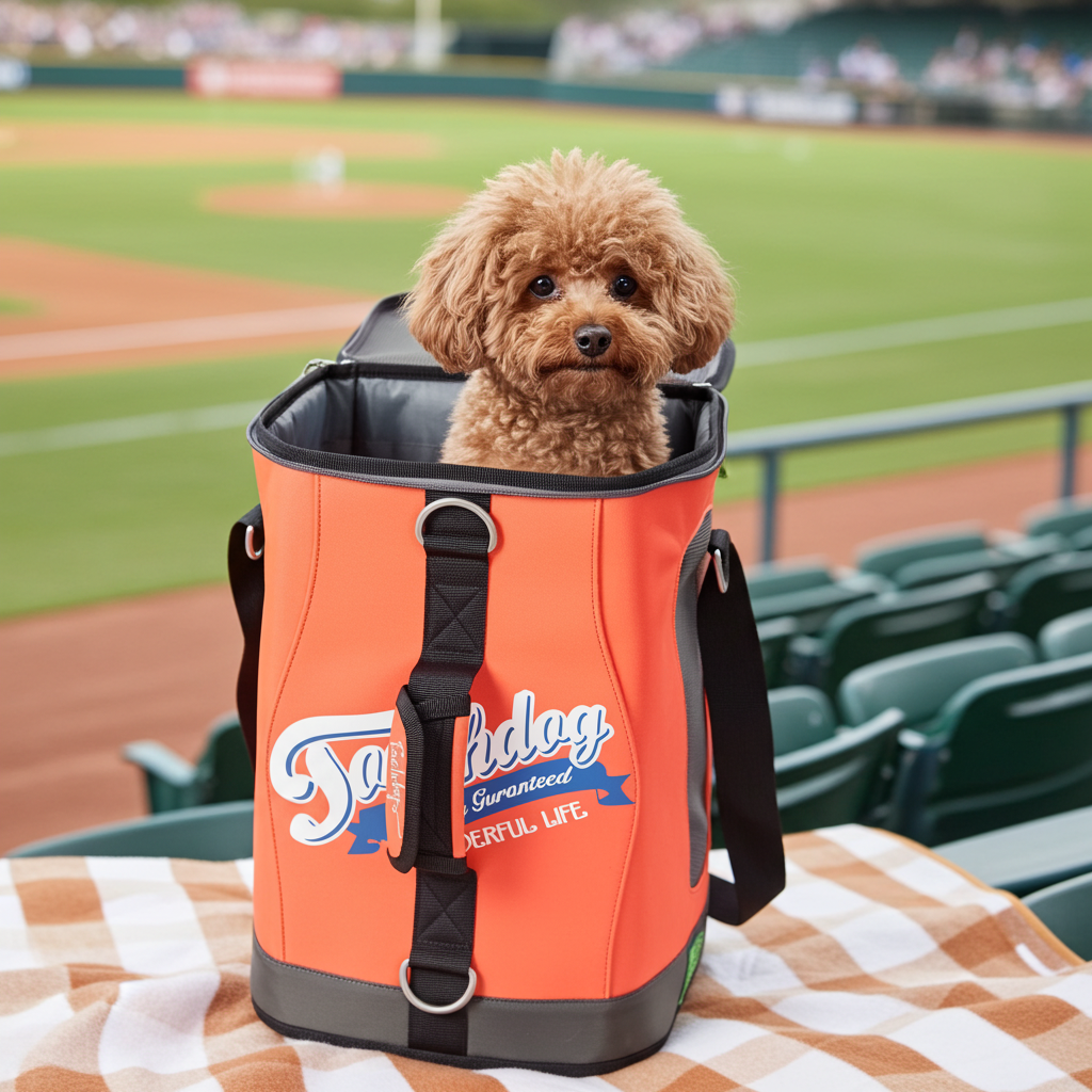 Orange and black backpack dog carrier with mesh top and interior for small pets