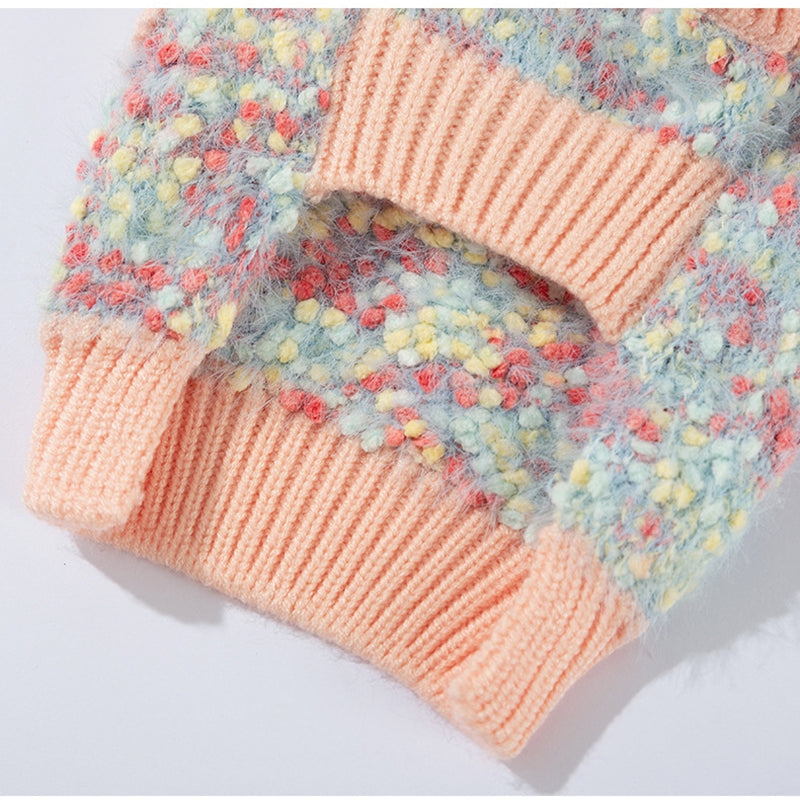 Multicolor knit pet sweater with ribbed peach hem and cuff detail