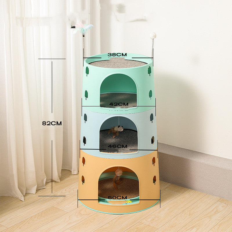 Cat multichamber cat tower with stacked levels and size labels: 82cm tall, 38cm top