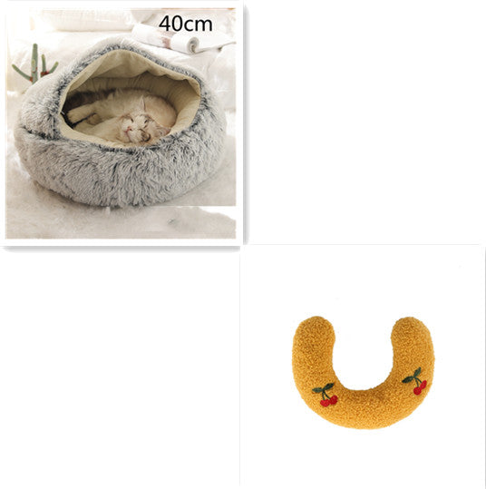 Gray round plush pet bed with kitten; golden yellow U-shaped bolster with strawberry patches