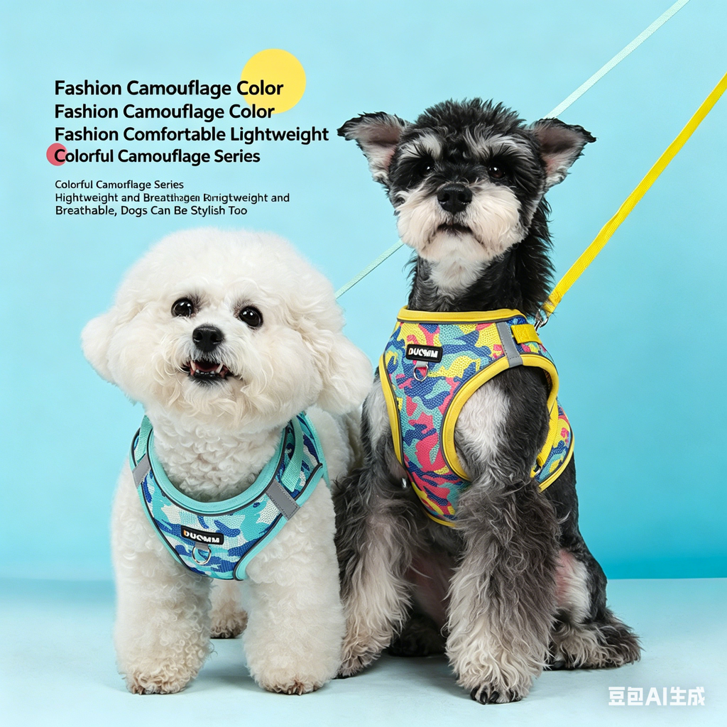 Blue camouflage dog harness with yellow trim and leash, on small dogs