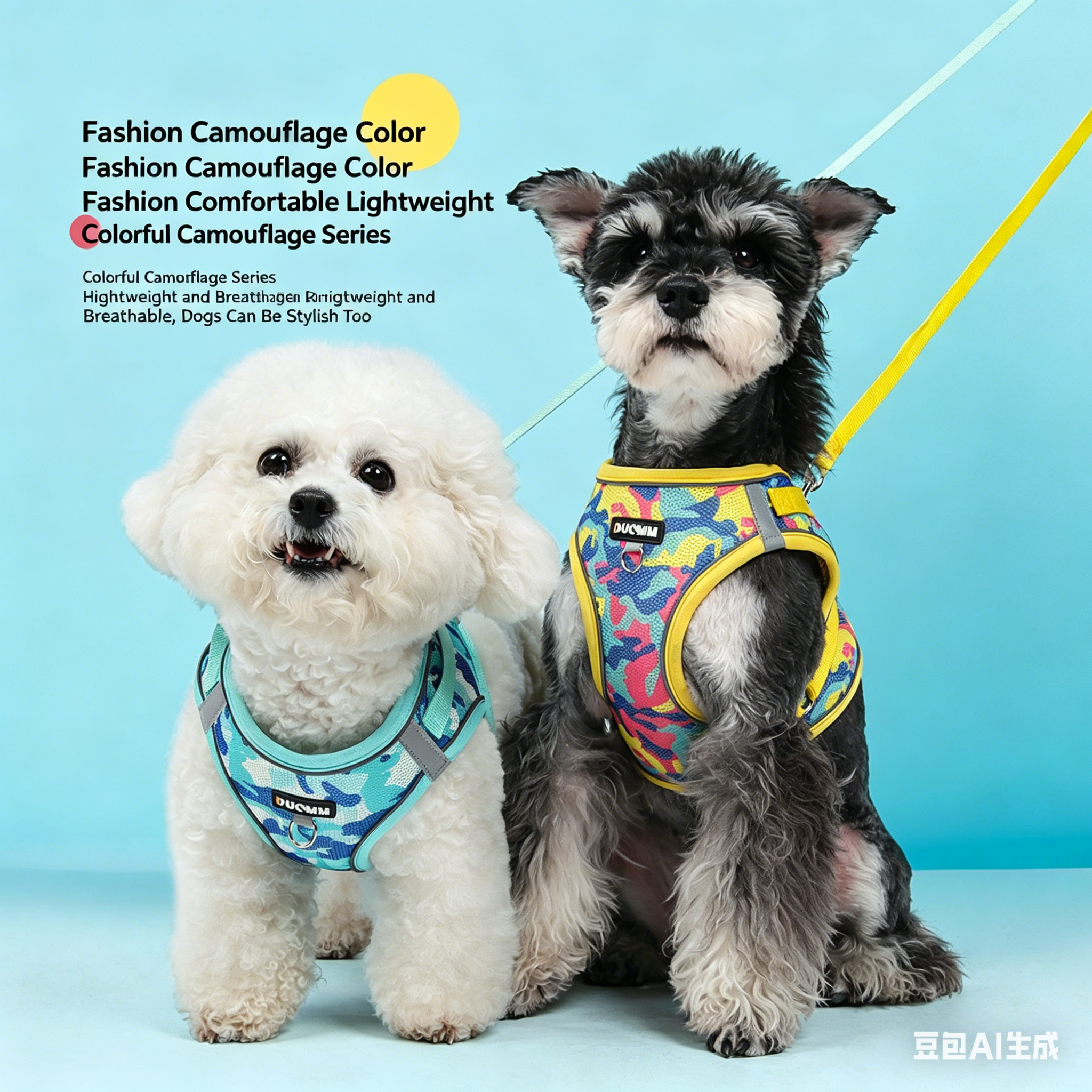 Blue camouflage dog harness with yellow trim and leash, on small dogs