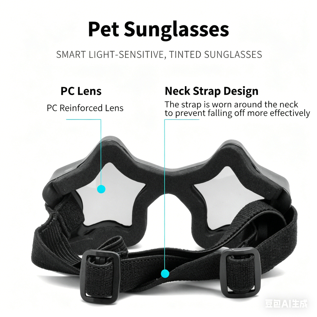 Black star-shaped pet sunglasses with adjustable neck strap and tinted lenses
