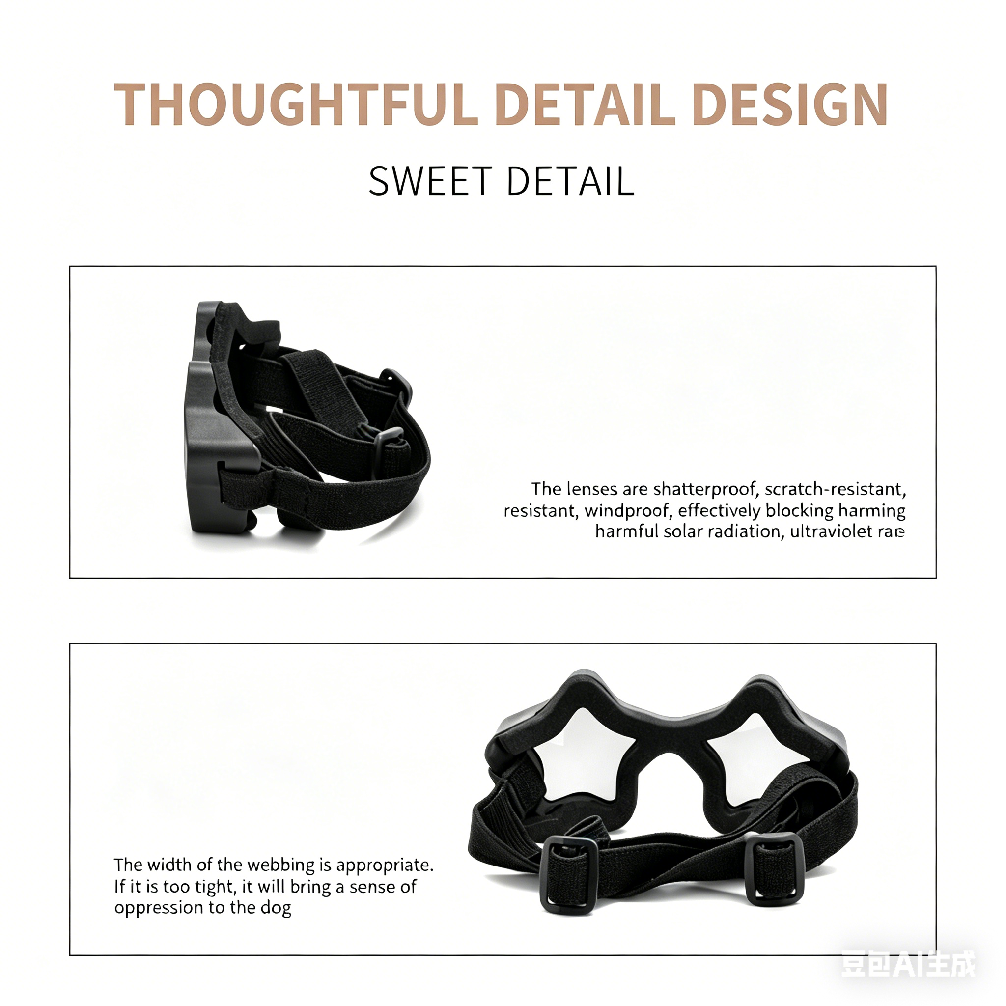 Close-up view of black star-shaped pet goggles with adjustable webbing strap