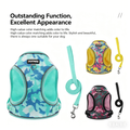 Reflective camo dog harness set, blue/teal fabric with matching leash and clips