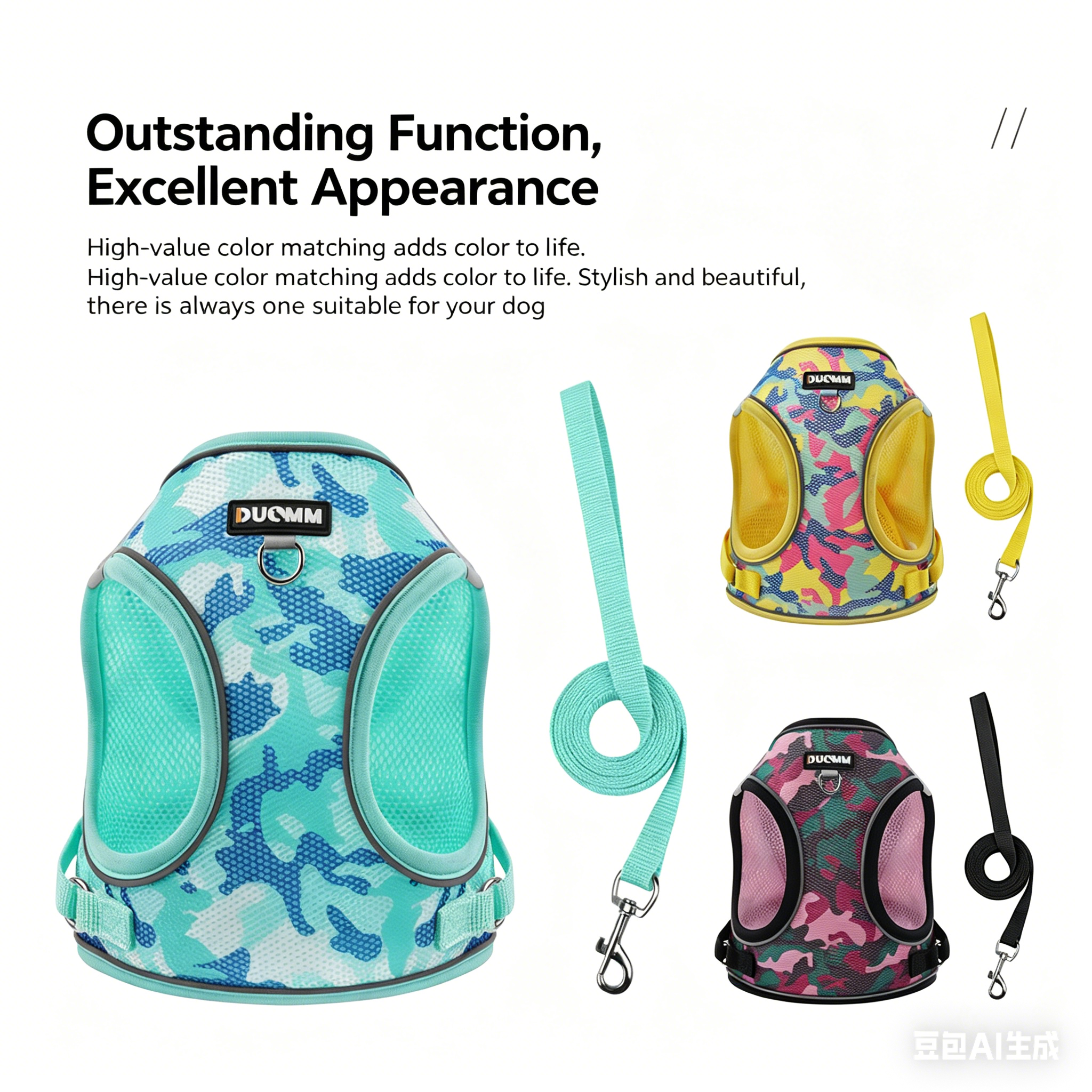 Reflective camo dog harness set, blue/teal fabric with matching leash and clips