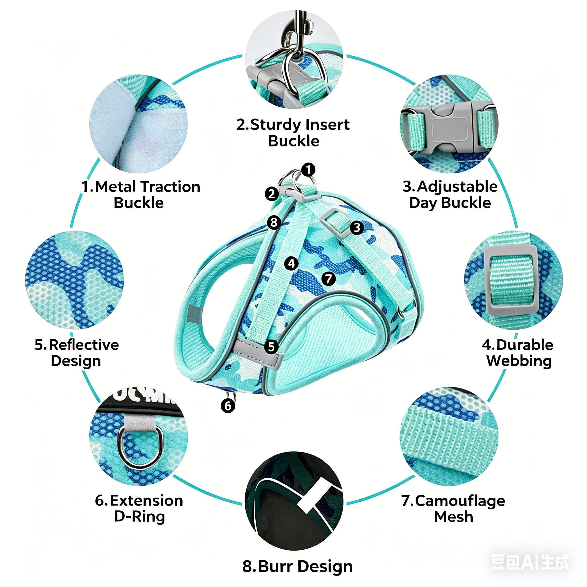 Blue reflective camouflage dog harness diagram: buckles, adjustable straps, D-ring