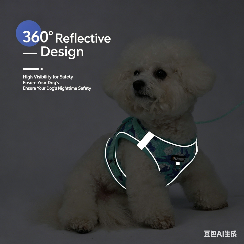 Blue reflective camouflage dog harness on small dog, white reflective trim
