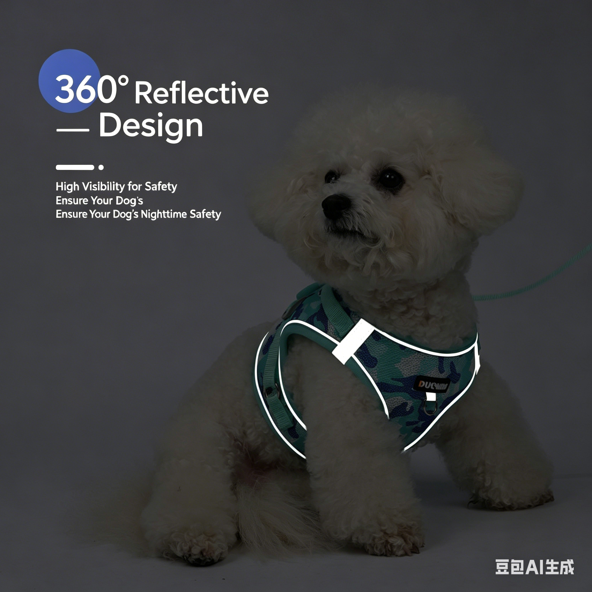 Blue reflective camouflage dog harness on small dog, white reflective trim