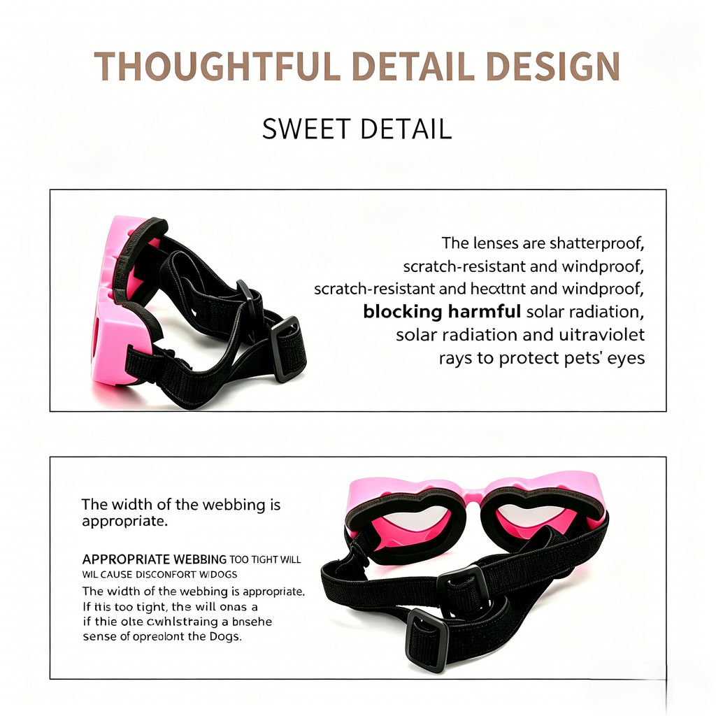 Hot pink heart-frame pet sunglasses with black neck strap, detail view