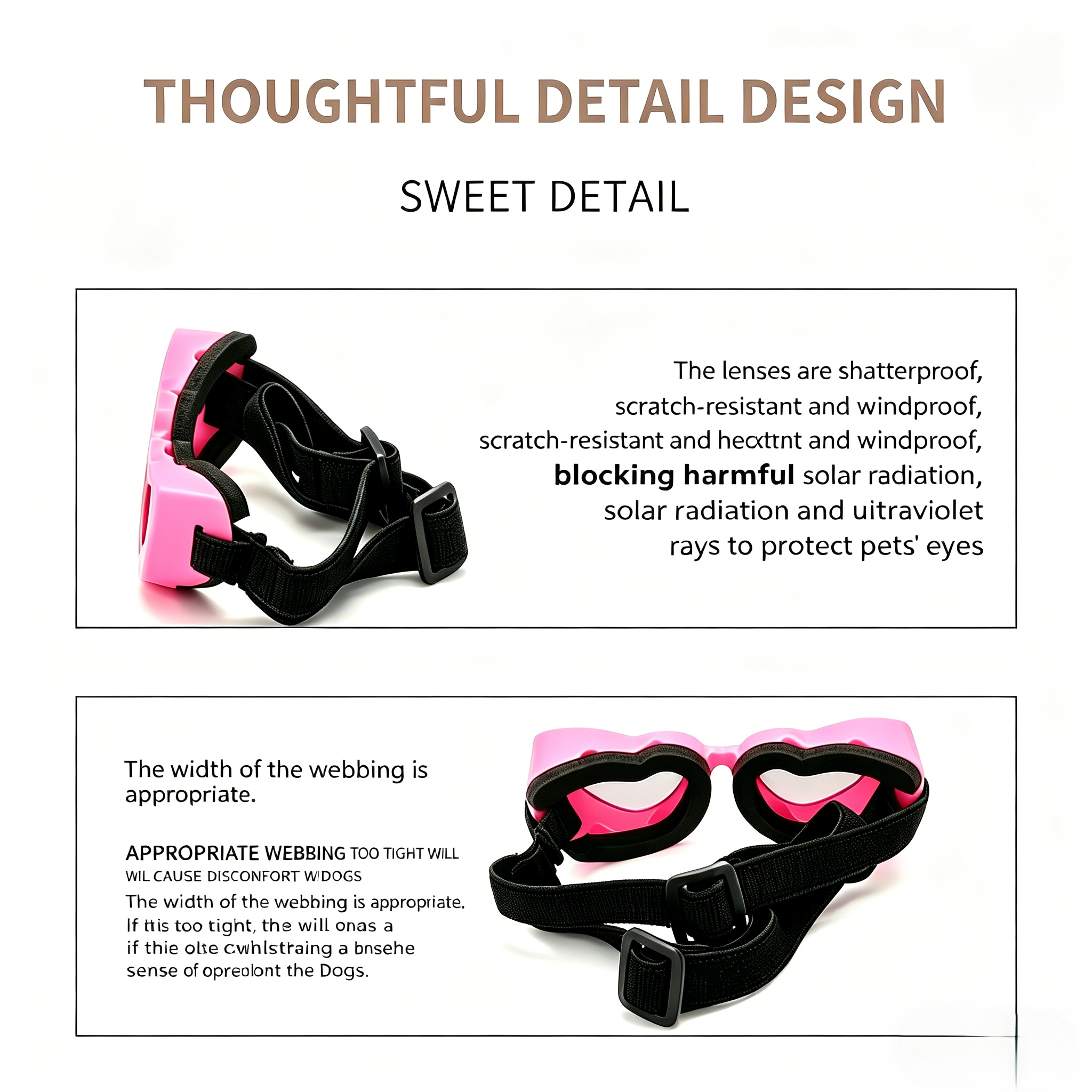 Hot pink heart-frame pet sunglasses with black neck strap, detail view