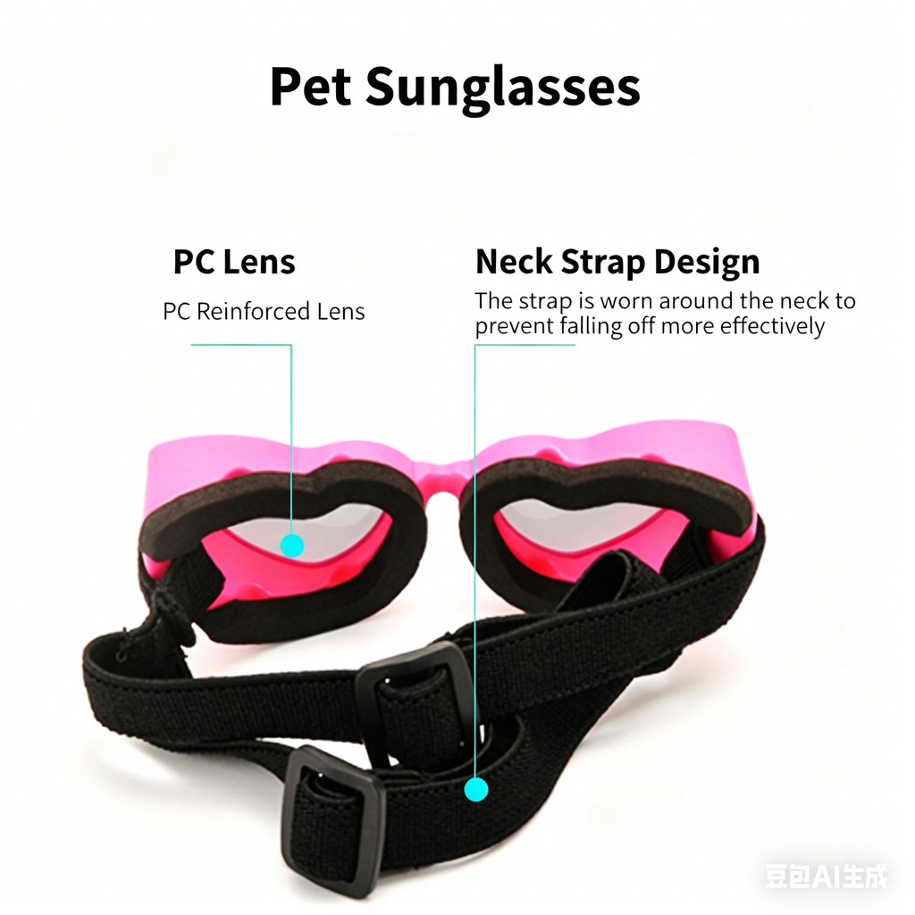Hot pink pet sunglasses with heart frames, black strap and PC lenses diagram