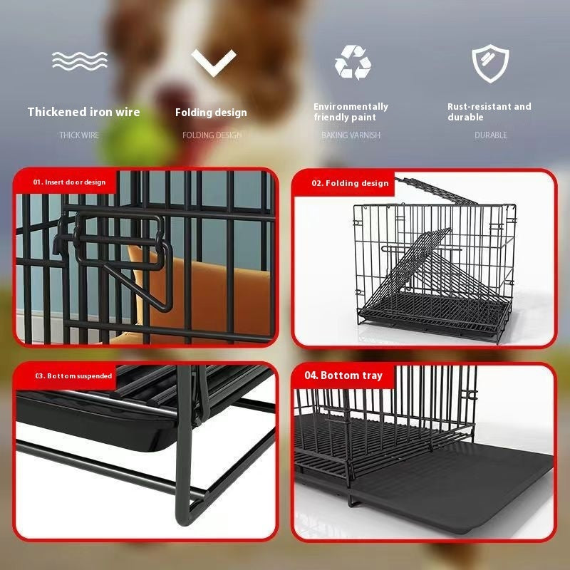 Black dog crate with folding design and bottom tray, close-up product feature view