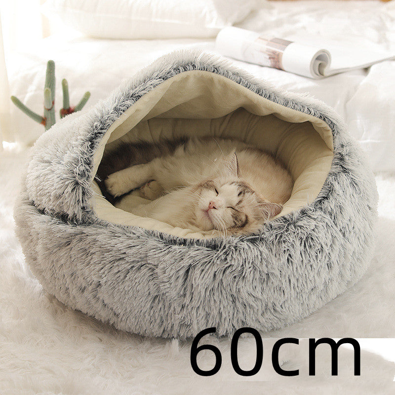 Round plush pet bed with grey shag tunnel, 60cm, cushioned sleeping nest