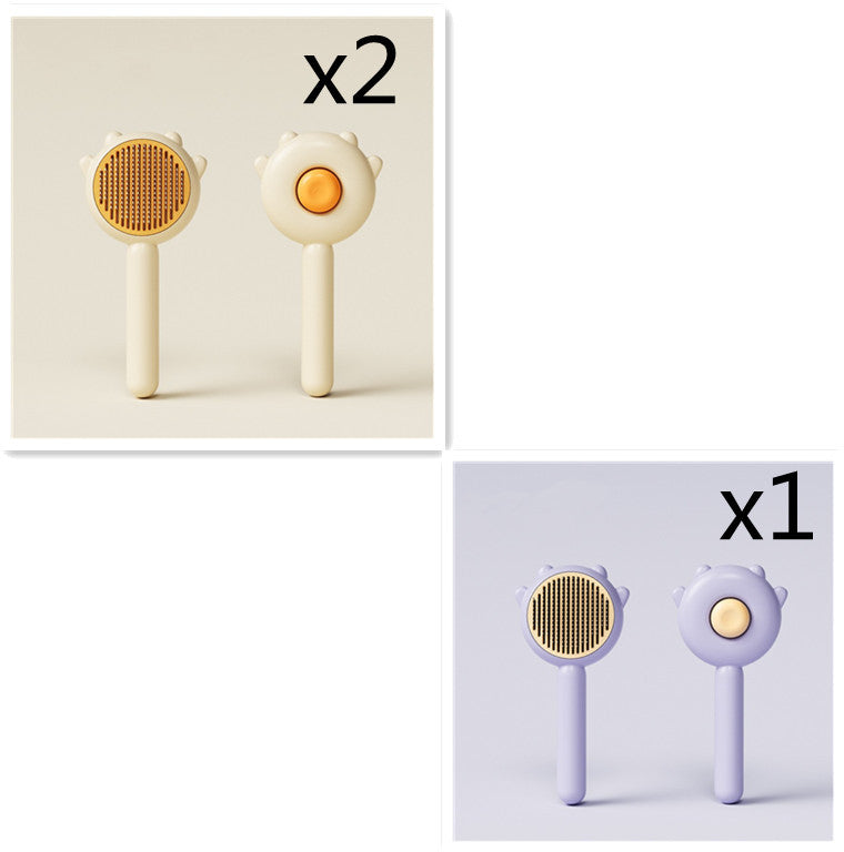 Pet grooming comb brush set with orange and purple round pin heads and cream white handles