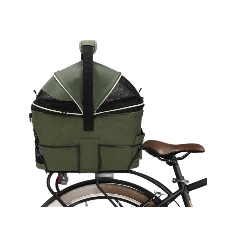 Green rear-mounted pet basket with rear mounting frame and top handle strap