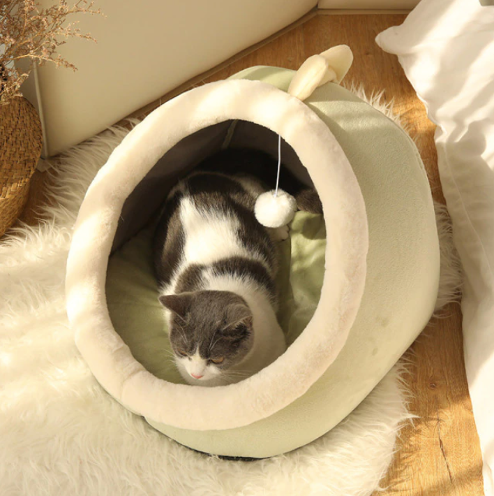 Cream and green cat bed with hanging pom-pom toy and plush ear top; cozy nest